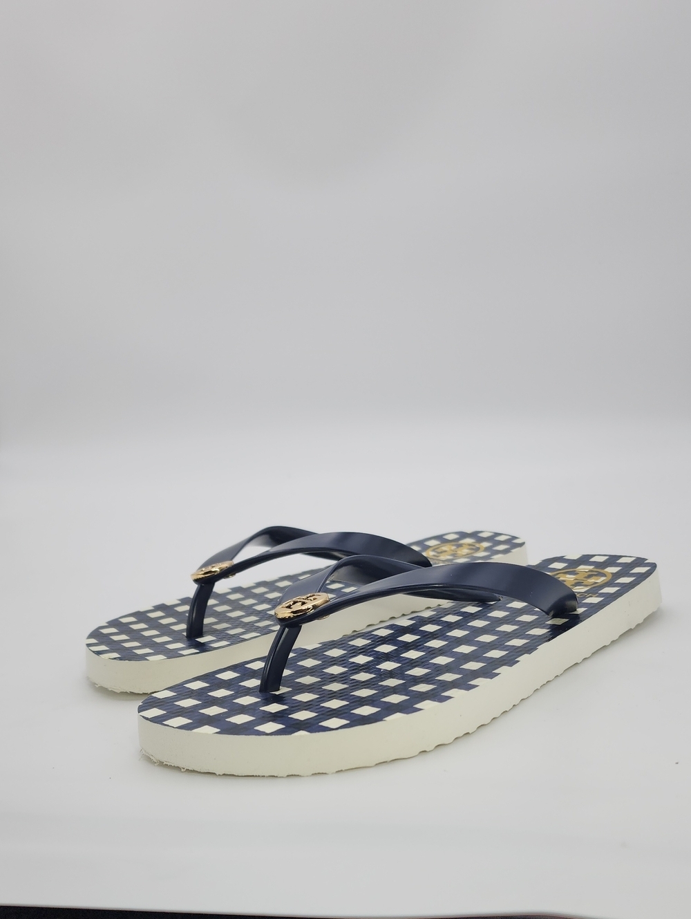 Tory Burch Chelsea Geometric Thin Flip Flop Sandals – Navy/White Gingham Size 7